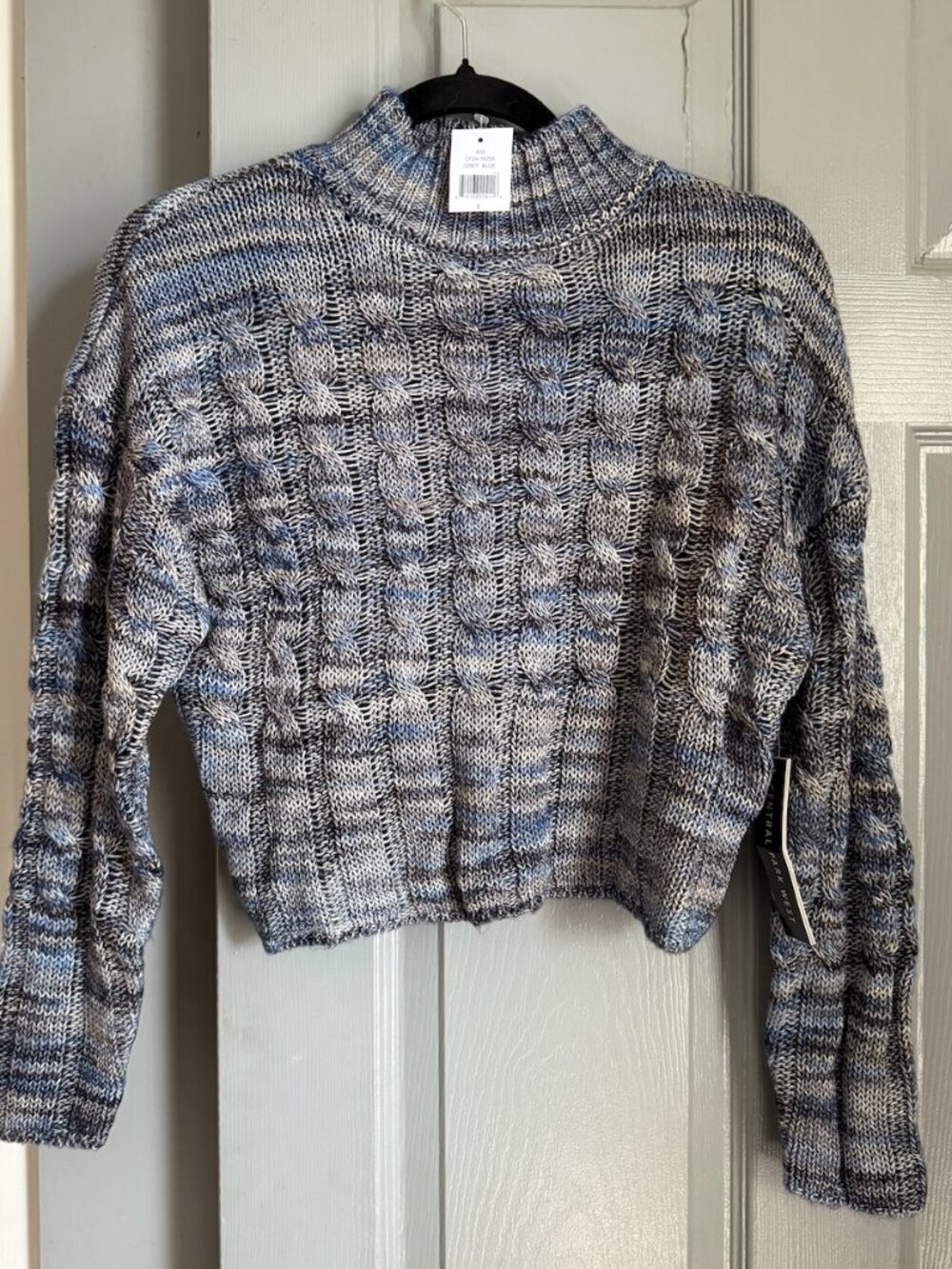 NWT Central Park West Blue Cable Knit Sweater Women's Small Mock Neck Cropped